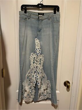 Light Wash Embroidered Denim Maxi Skirt - Light Blue